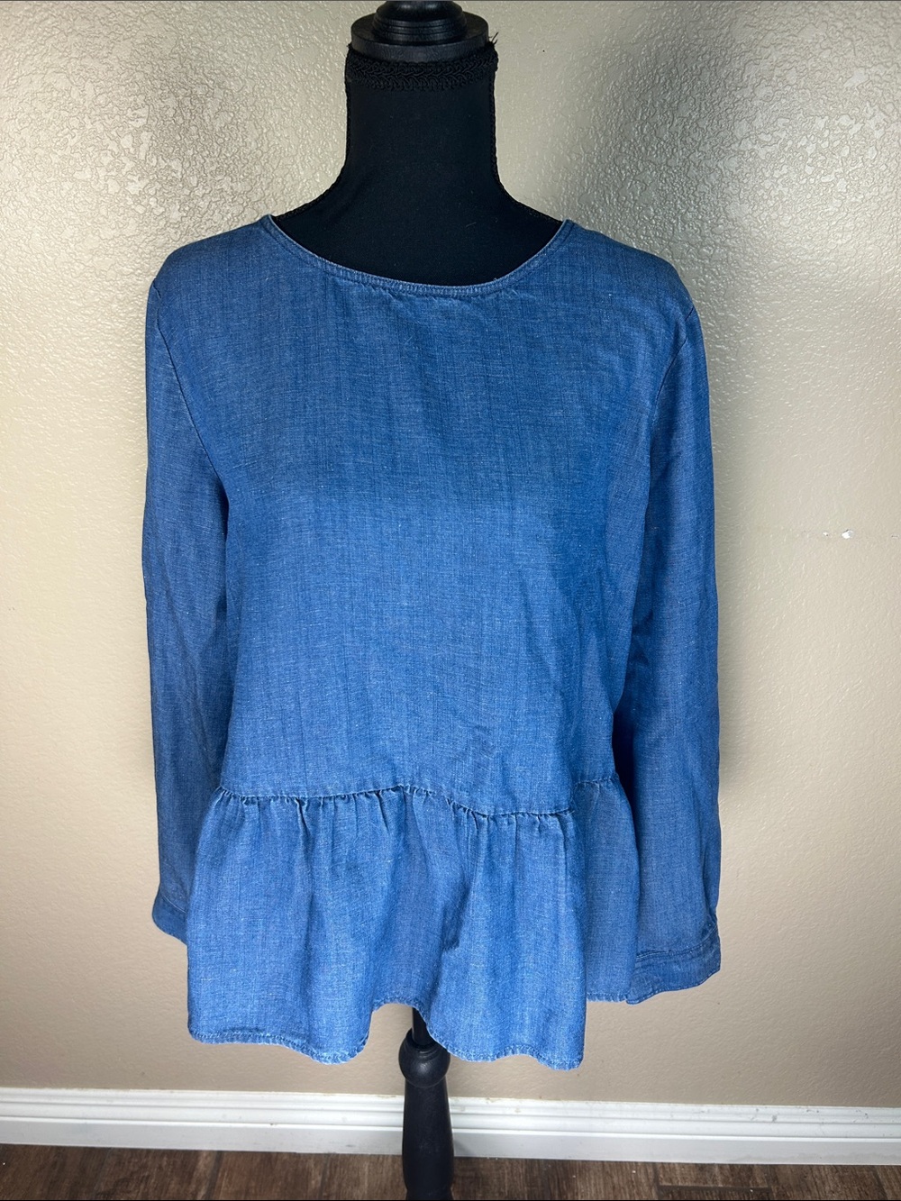 LOFT Chambray Denim Peplum Top Button-Back Detail Size M
